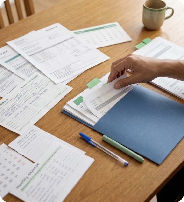 Documentos e planilhas espalhados sobre uma mesa de madeira, com uma mão segurando uma pasta azul