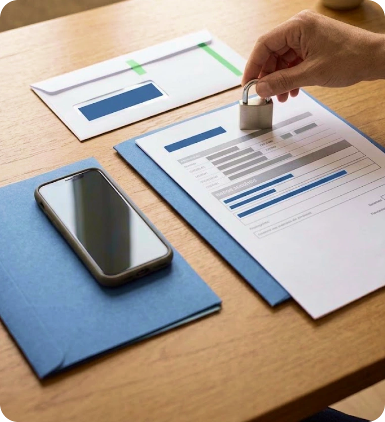 Mão colocando um cadeado sobre um documento, ao lado de um celular e de uma pasta azul