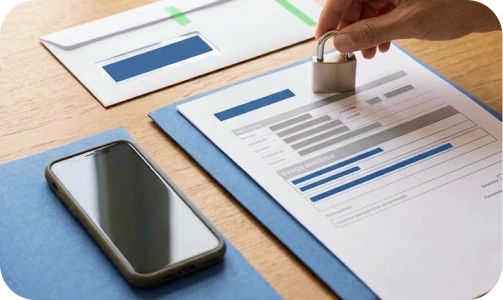 Passo 02: mão colocando um cadeado sobre um documento, ao lado de um celular